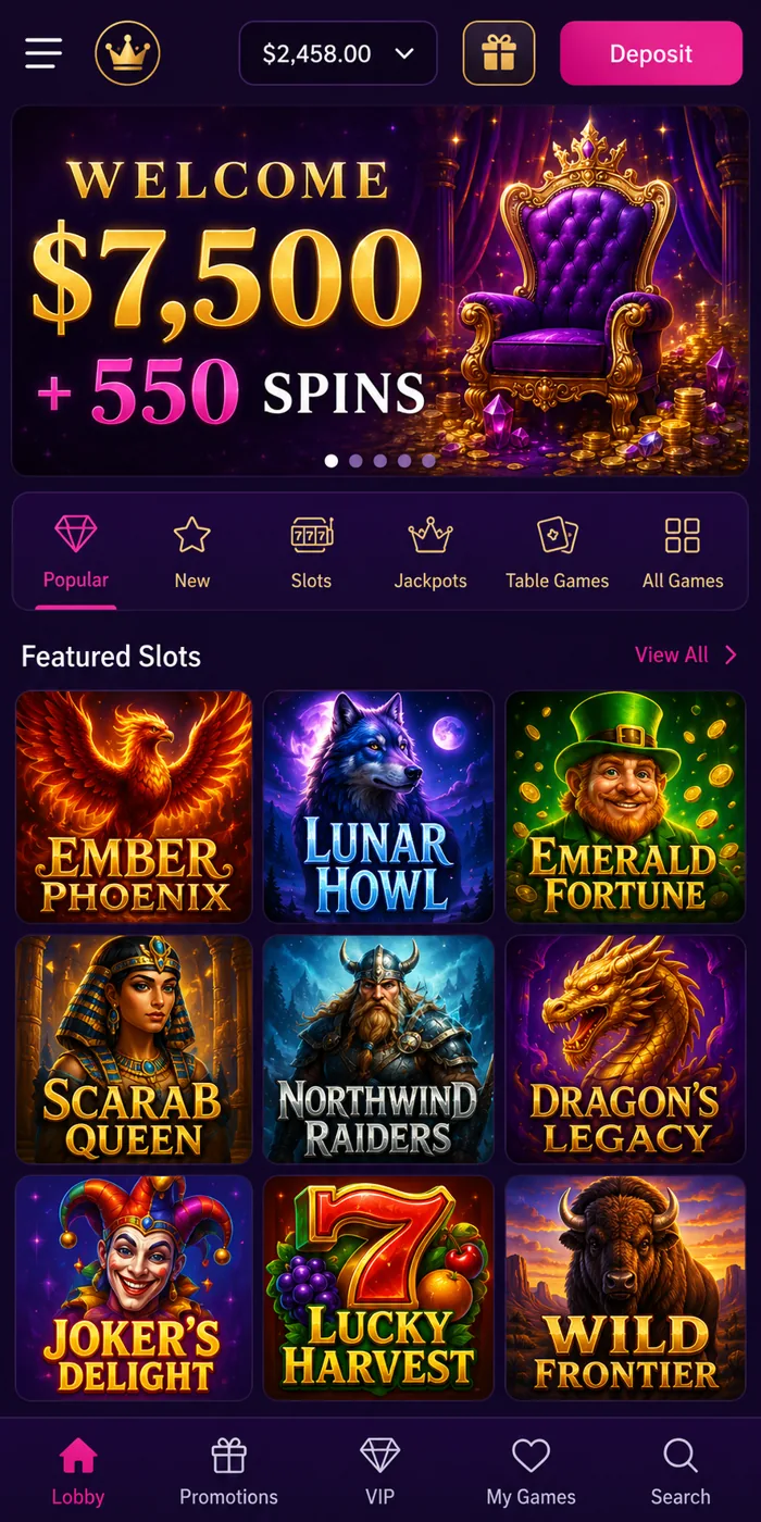 Ricky Casino mobile lobby on a phone, showing the pokies grid and cashier