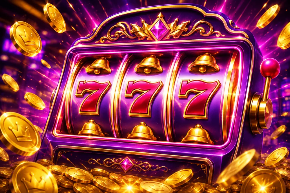Ricky Casino pokies: a glowing 777 slot machine with gold coins